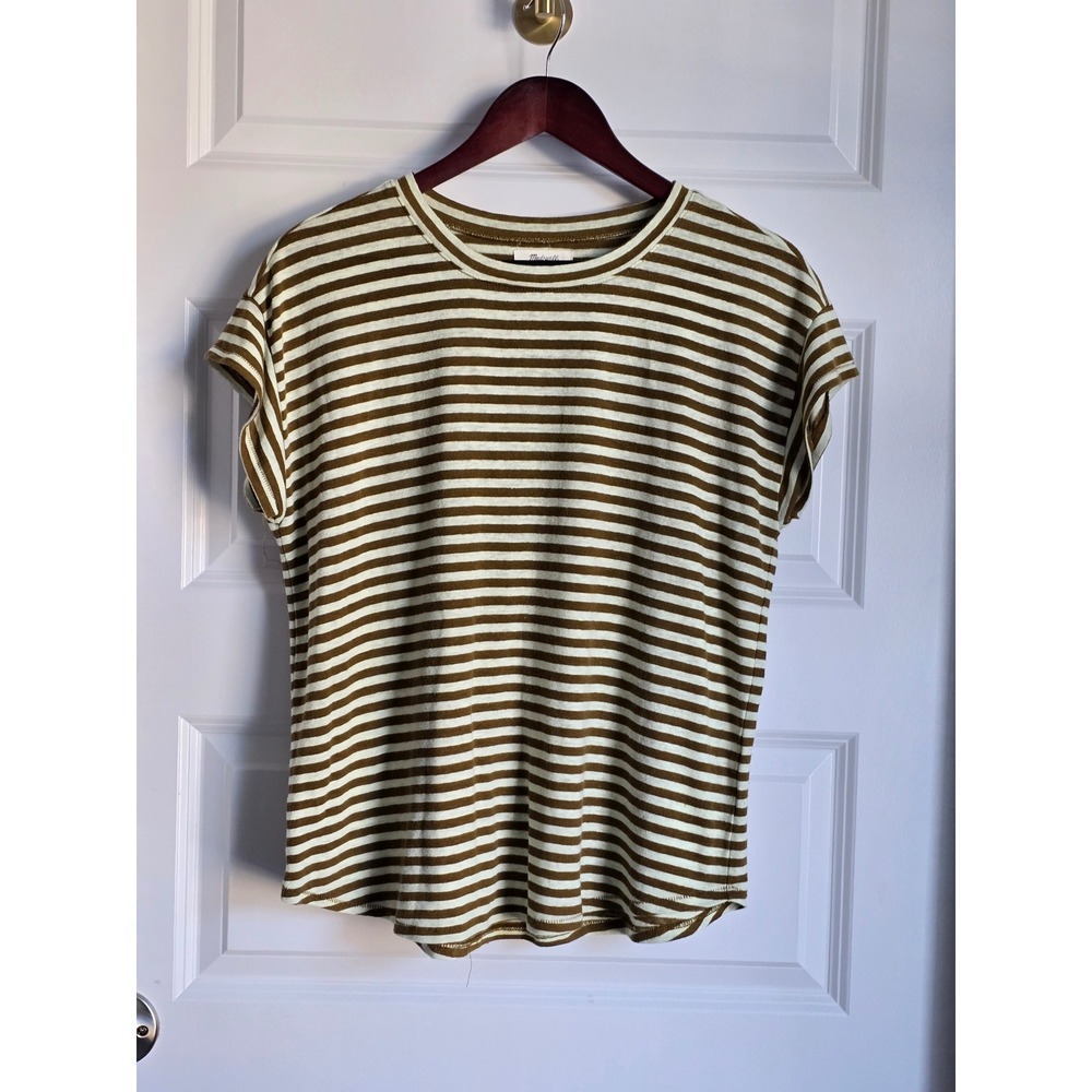 Madewell Womens Medium Olive Green Cream Striped Cap Sleeve Crew Neck Tee Top